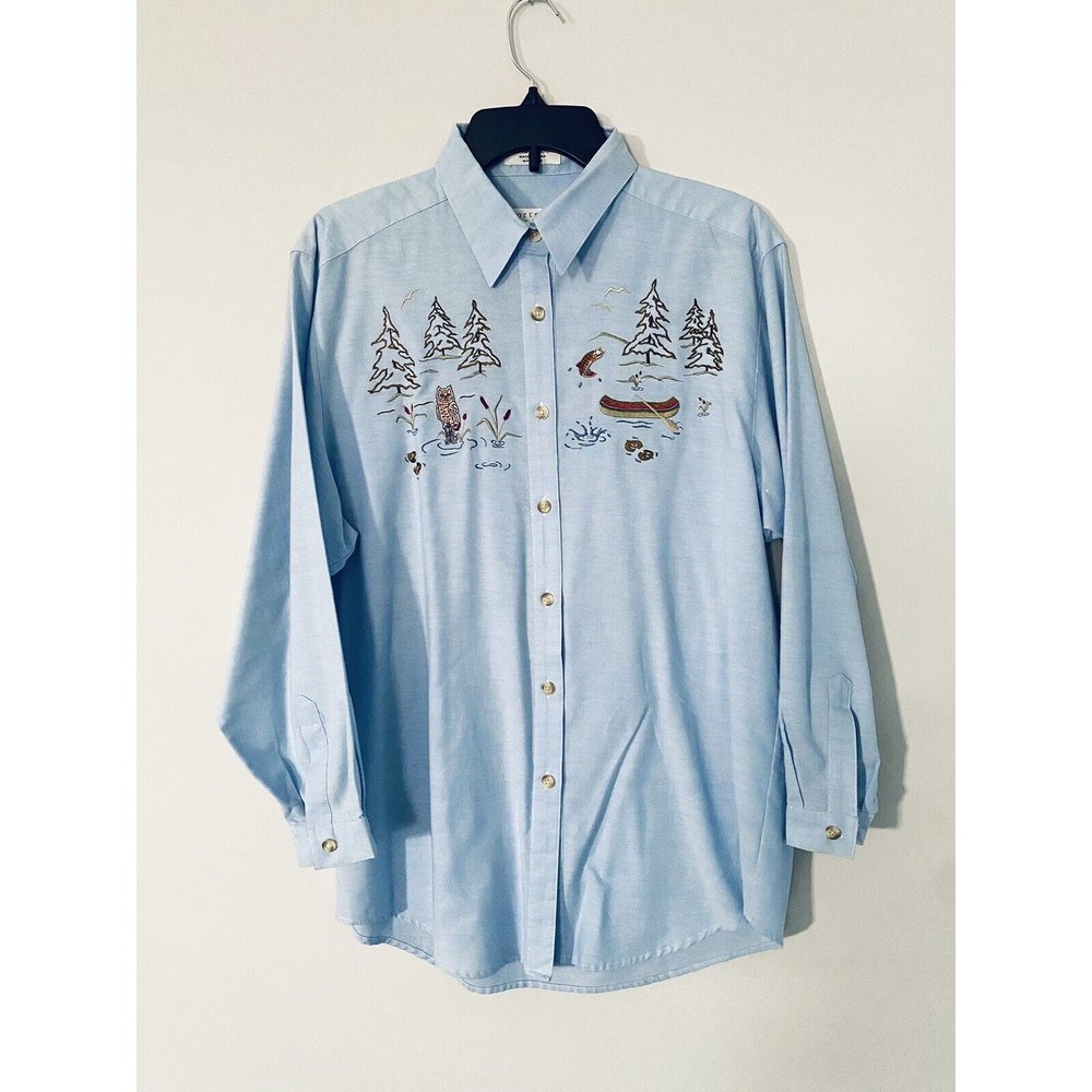 Vintage Portraits Northern Isles Embroidered Button Up Top Owl Fishing Canoe 10